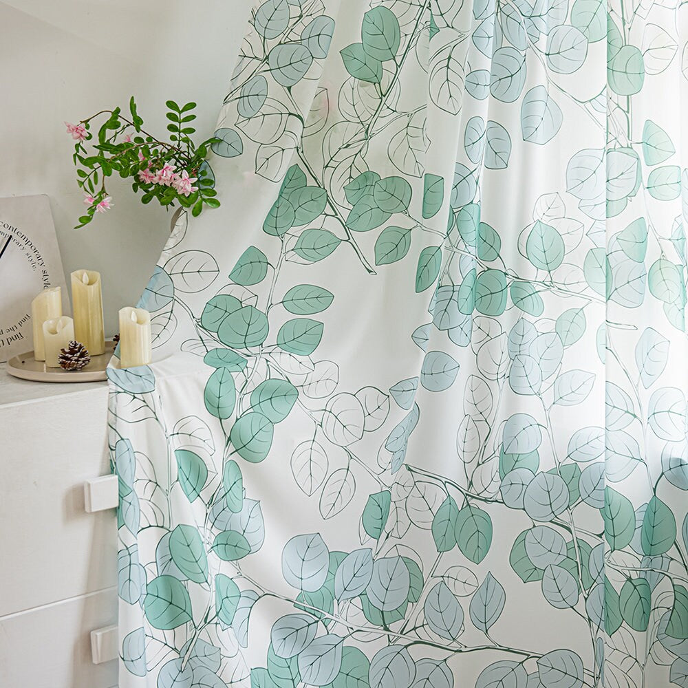 Green Sheer Curtains with Tree Branch and Leaf Plant Print