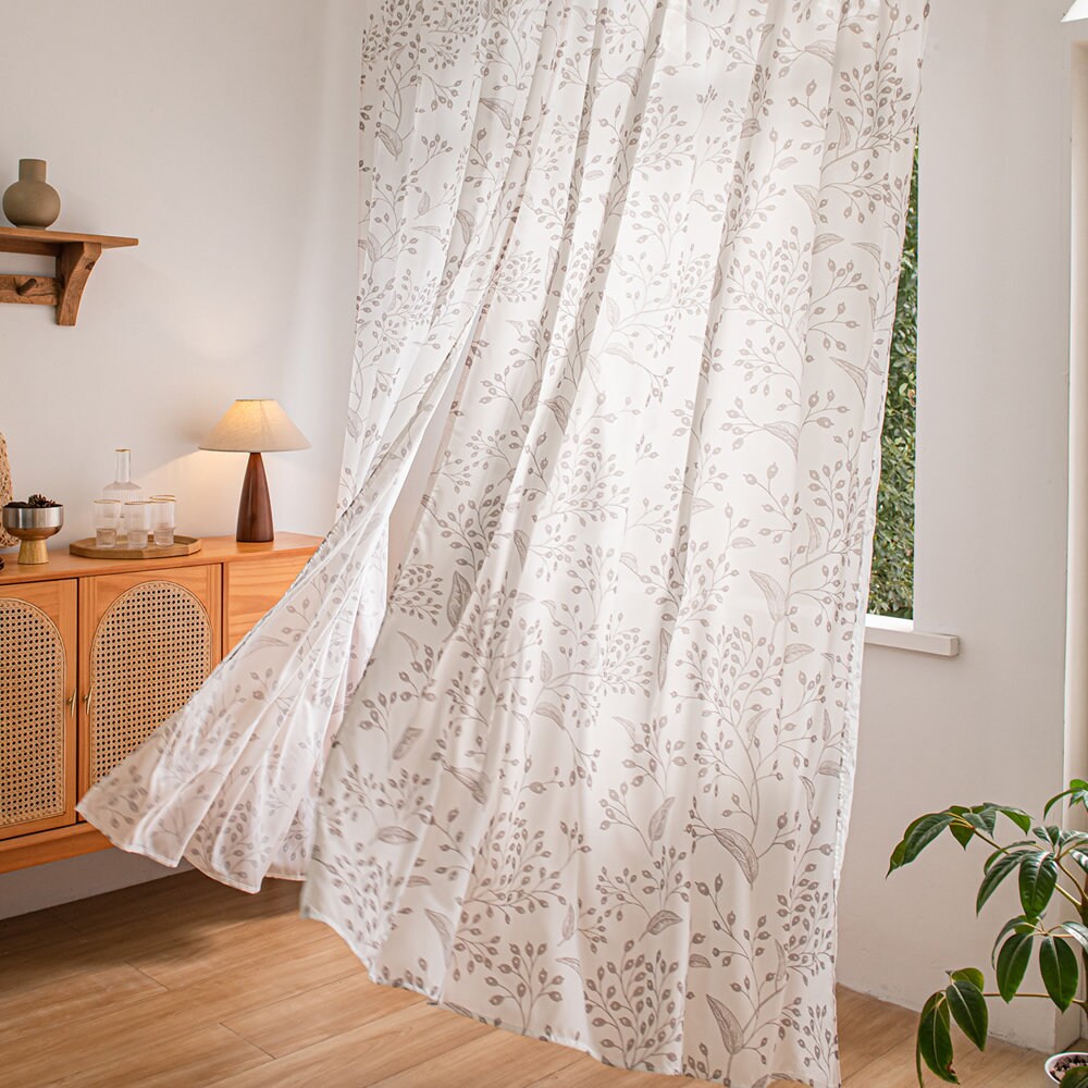 White Sheer Curtains with Brown Small Branches and Leaf Print