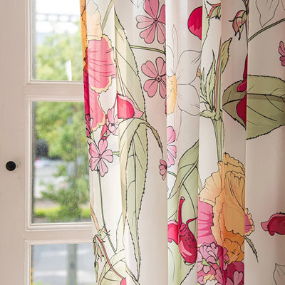 Red and Yellow Sheer Curtains with Tropical Leaves and Vintage Flower Print