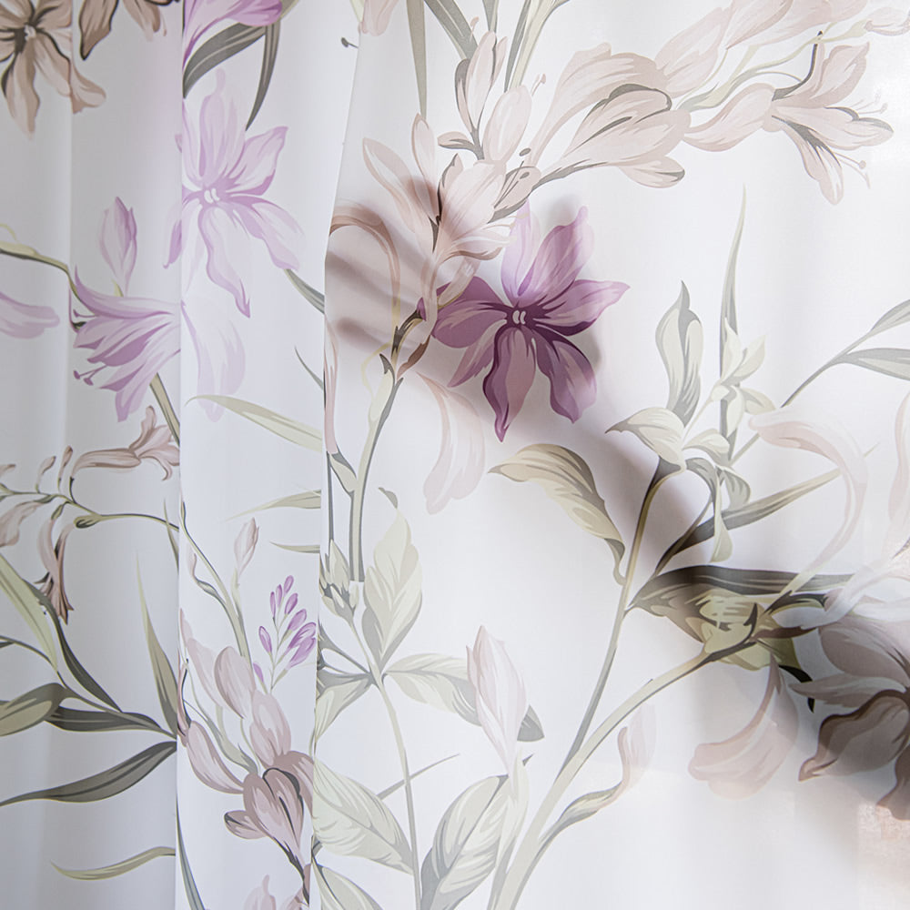 White Sheer Chiffon Curtains with Retro Purple Flower and Green Leaf Print