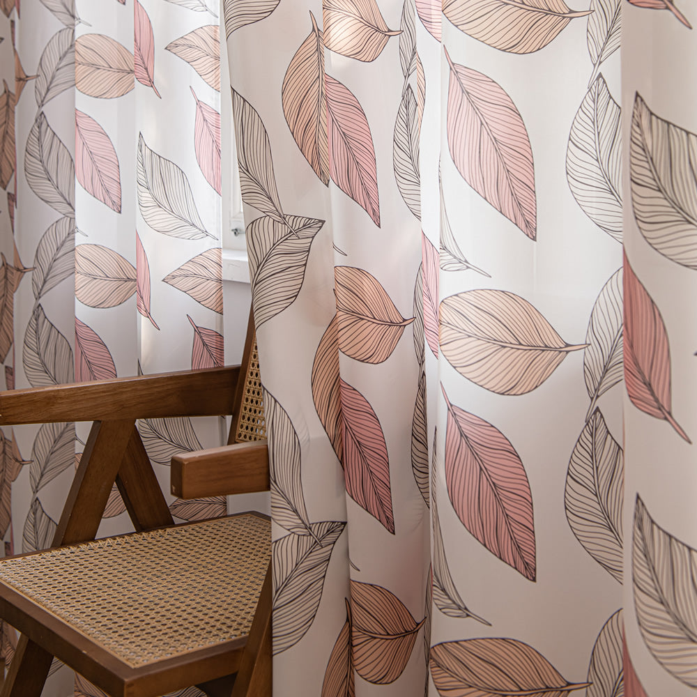 White Sheer Curtains with Autumn Leaves Print