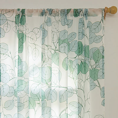 Green Sheer Curtains with Tree Branch and Leaf Plant Print