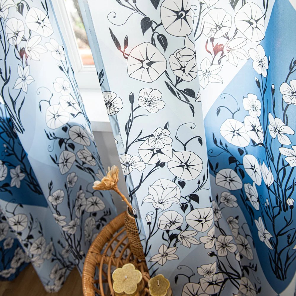 Retro Blue Sheer Curtains with White Floral Diamond Print