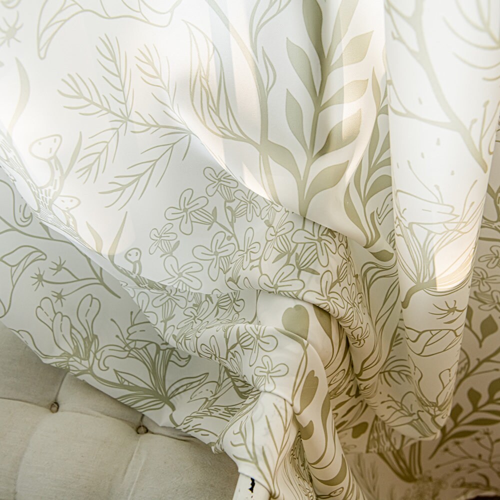 Light Green Sheer Curtains with Leaf and Plant Branches Print