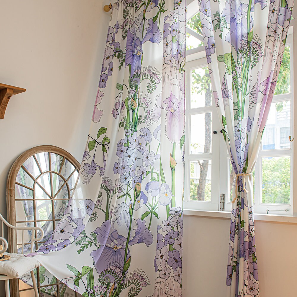 Retro White Sheer Chiffon Curtains with Art Purple Flower Print