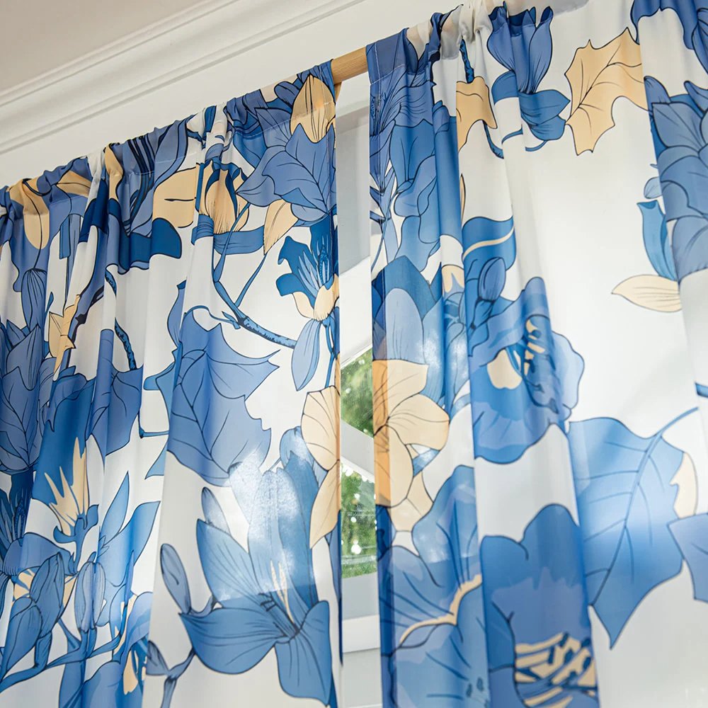 Blue Sheer Curtains with Yellow Lily and Floral Print