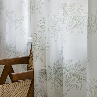 White Sheer Curtains with Green Leaf Print, Simple and Fashionable Design