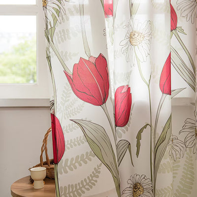 White Sheer Curtains with Red Tulip and Sunflower Floral Print