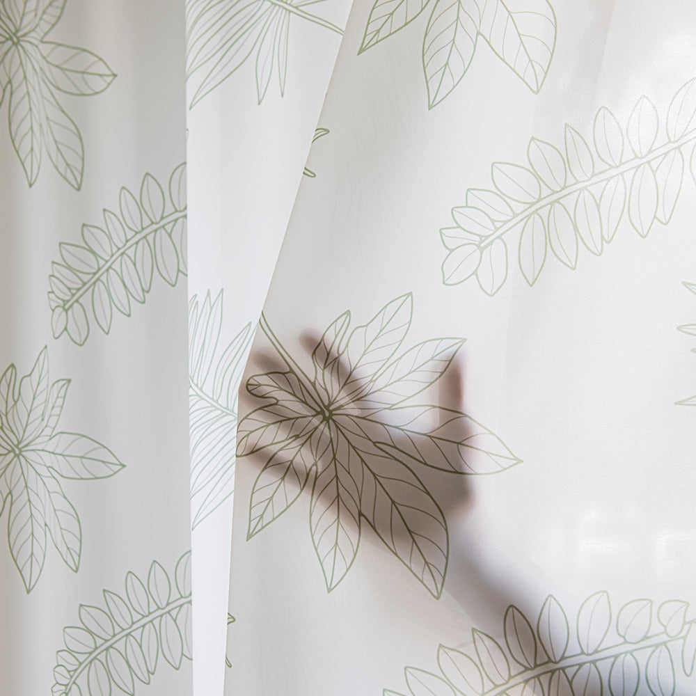 White Sheer Curtains with Green Leaf Print, Simple and Fashionable Design