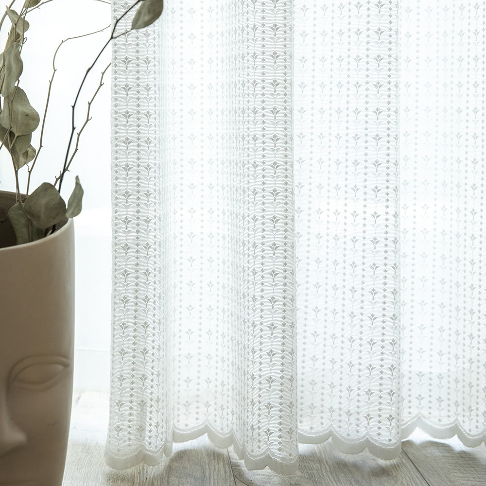 White Lace Sheer Curtains Floral jacquard Hem Waves