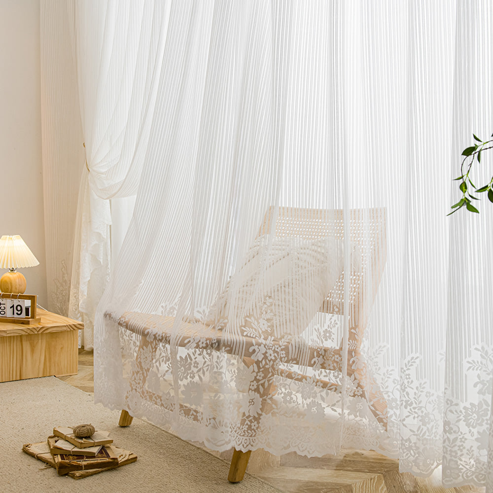 White Lace Sheer Curtains with Exquisite Vertical Rose Vine Jacquard Pattern