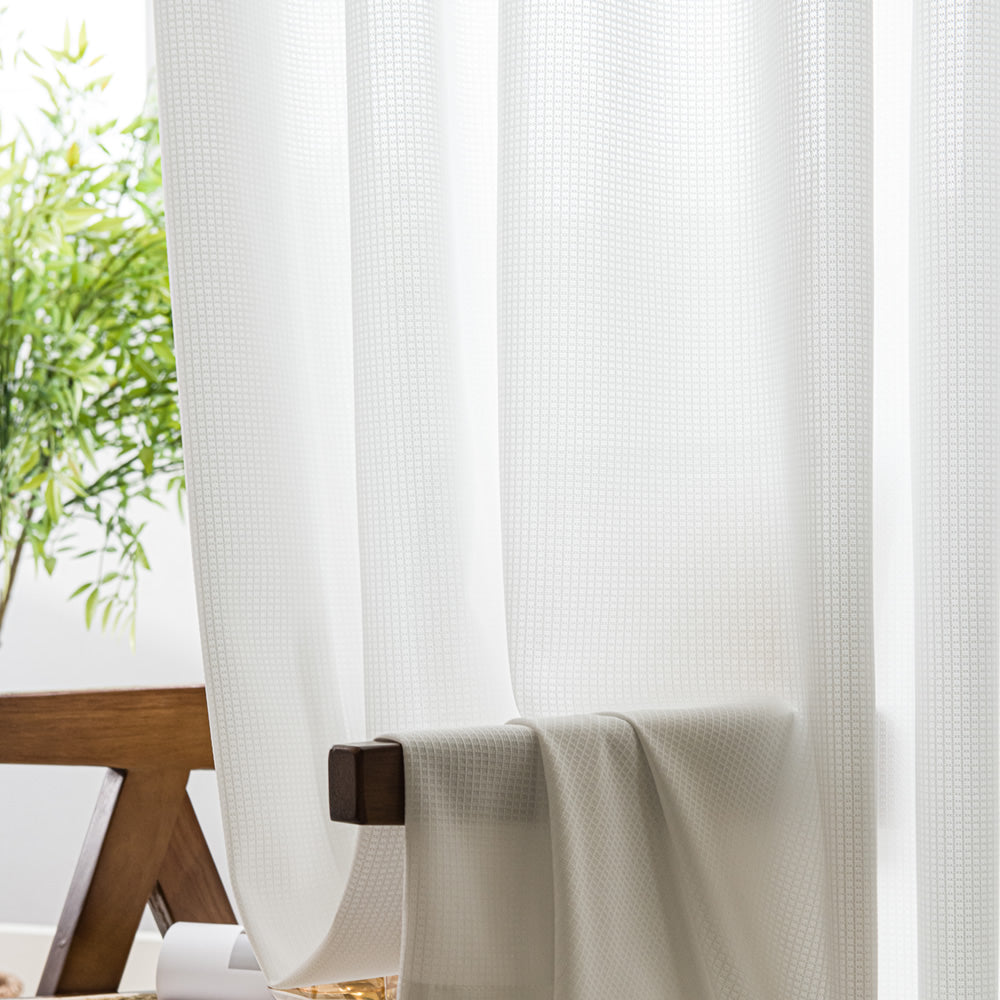 White Sheer Curtains Checkered Jacquard