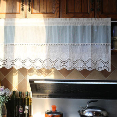 Valance Blue Stripes White Lace Window Curtains