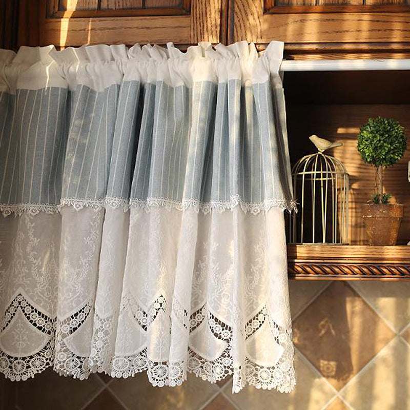 Valance Blue Stripes White Lace Window Curtains