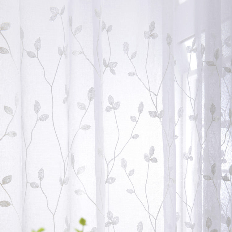 White Sheer Curtains Branch Leaf Embroidery