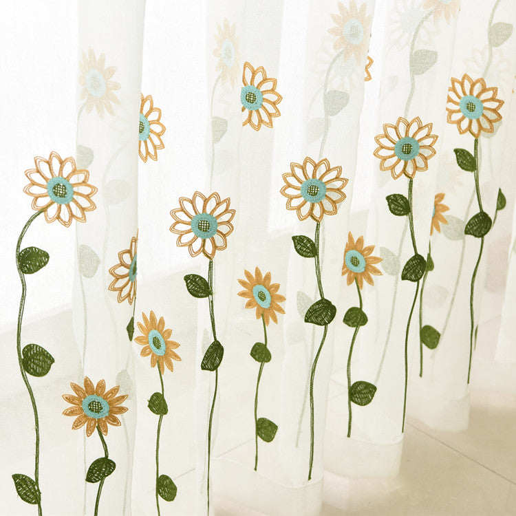 White Sheer Curtains Sunflower Daisy Embroidery