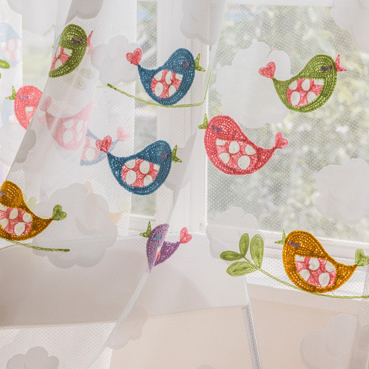 White Sheer kids Curtains Colorful Embroidered Birds