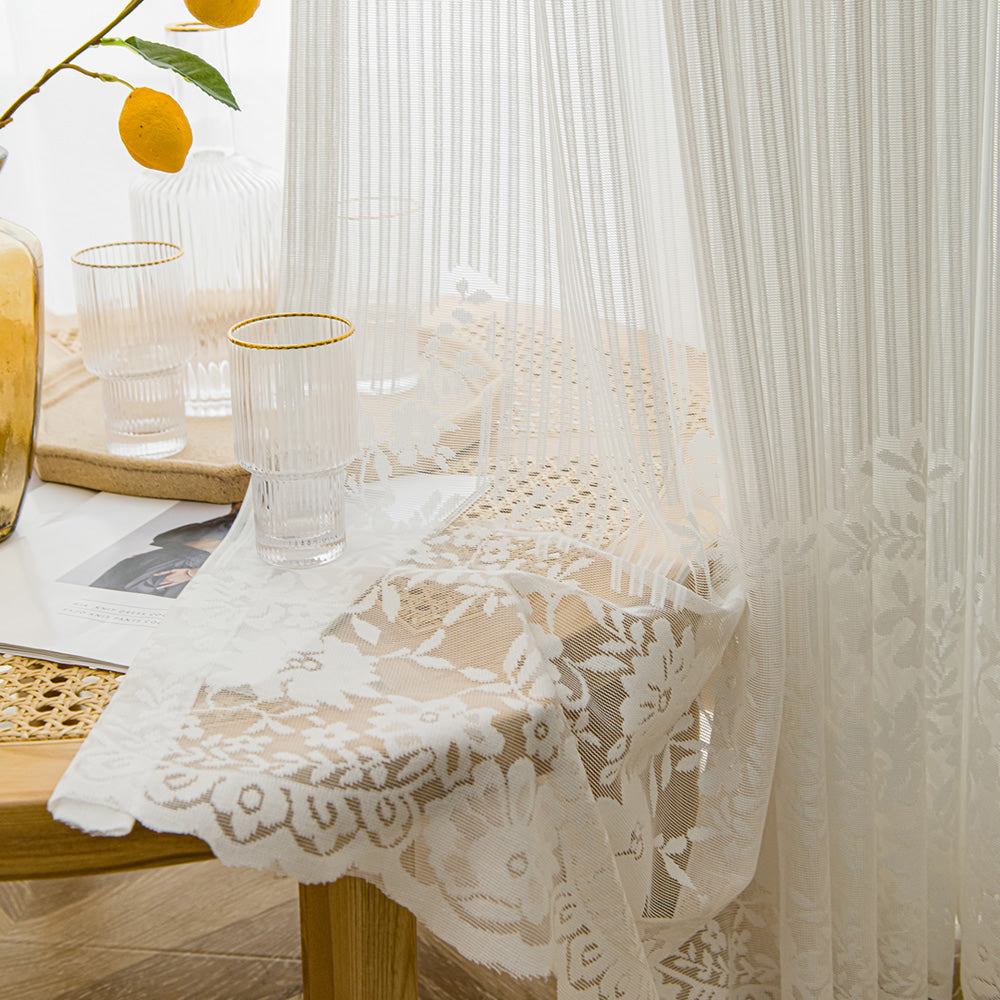 White Lace Sheer Curtains with Exquisite Vertical Rose Vine Jacquard Pattern