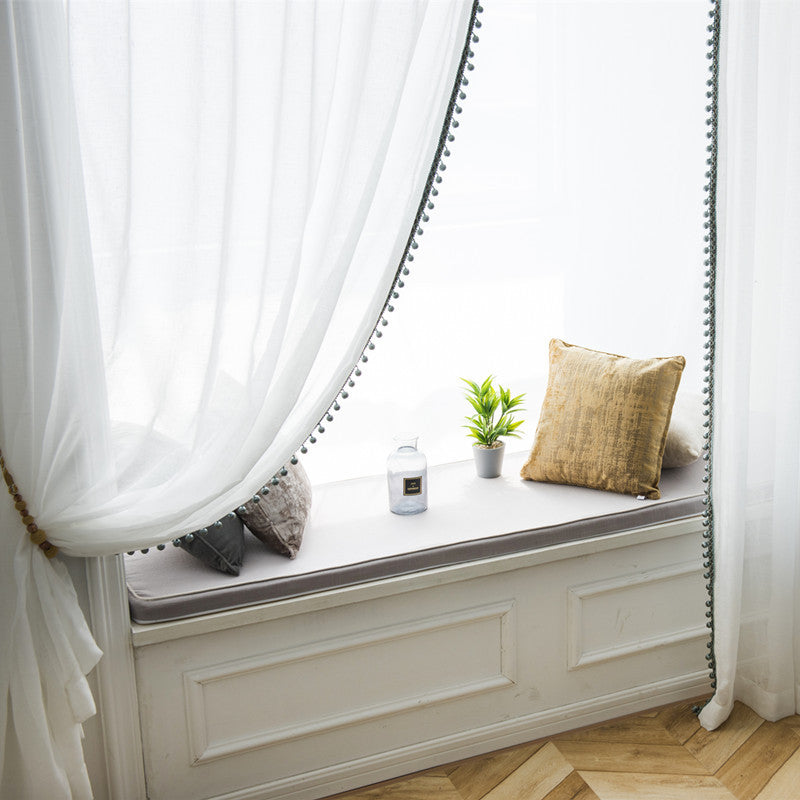 White Sheer Curtains Pompoms Embroidered Trim