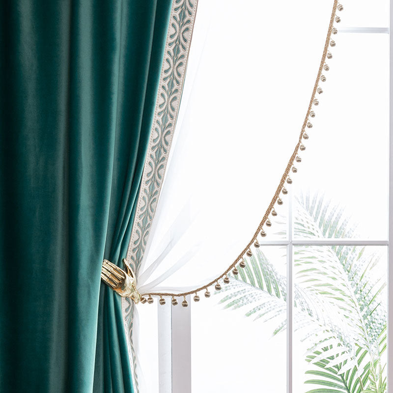 Luxury Green Velvet Blackout Curtains Embroidery Trim