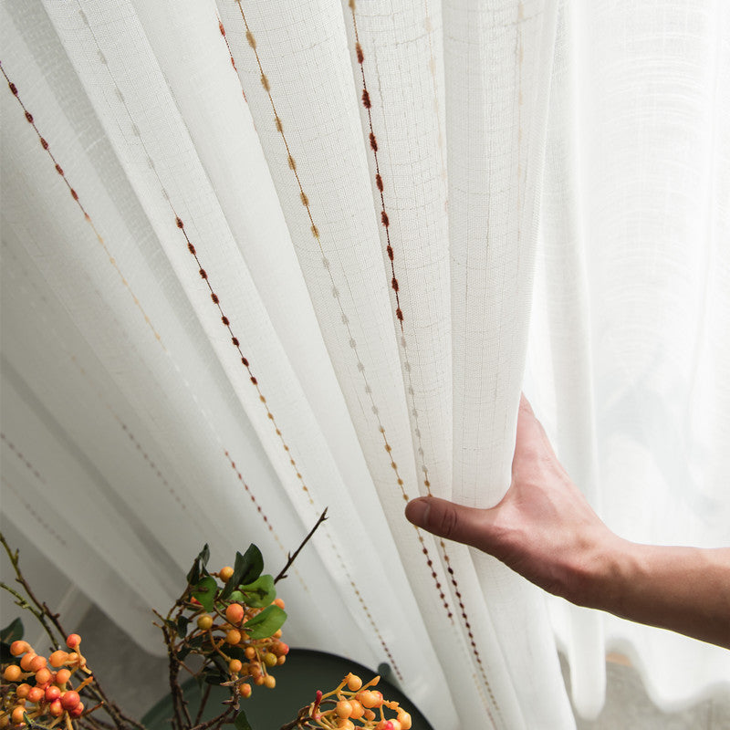 White Sheer Curtains Colorful Striped Embroidery