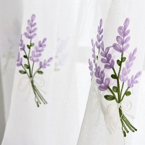 White Sheer Curtains Purple Lavender Bouquet Embroidery