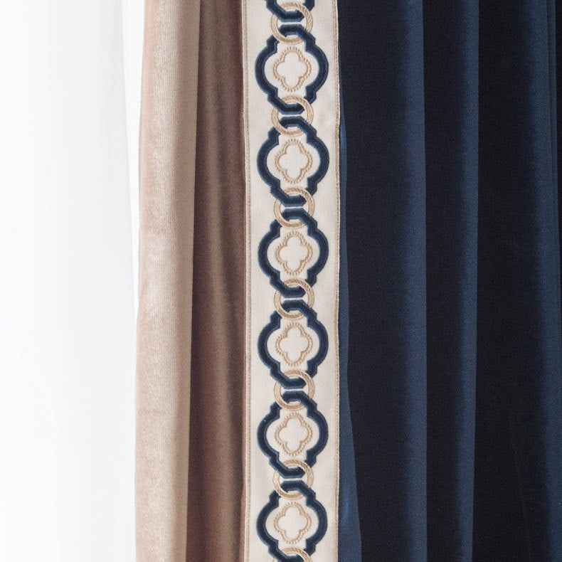 Navy Blue Light Brown Luxury Velvet Blackout Curtains Embroidered Trim