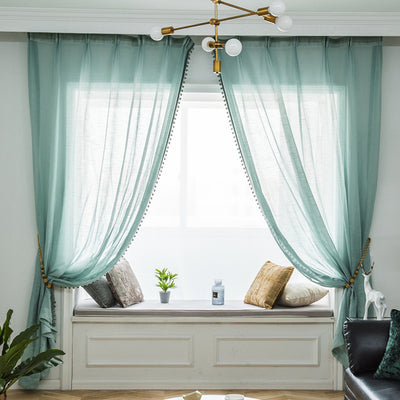 Luxury Green Sheer Curtains Pompoms Embroidery Trim