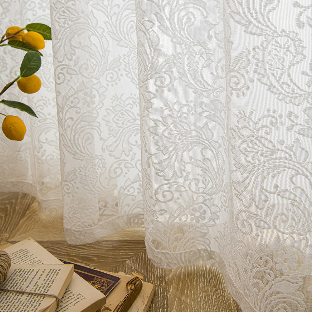 White Sheer Curtains Lace Inlaid Pearl Unique Wave Trim