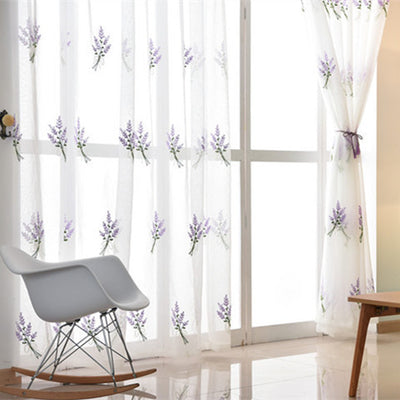 White Sheer Curtains Purple Lavender Bouquet Embroidery