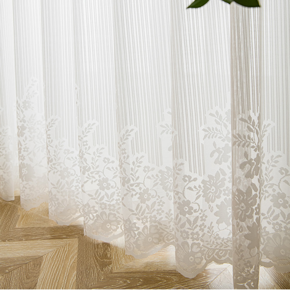 White Lace Sheer Curtains with Exquisite Vertical Rose Vine Jacquard Pattern