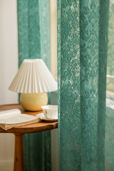 Sheer Curtains Green Lace Trim Embroidery