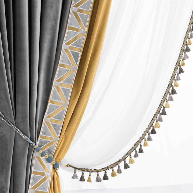 Luxury Velvet Curtains Grey Golden Yellow Blackout Embroidered Trim - 2 Color