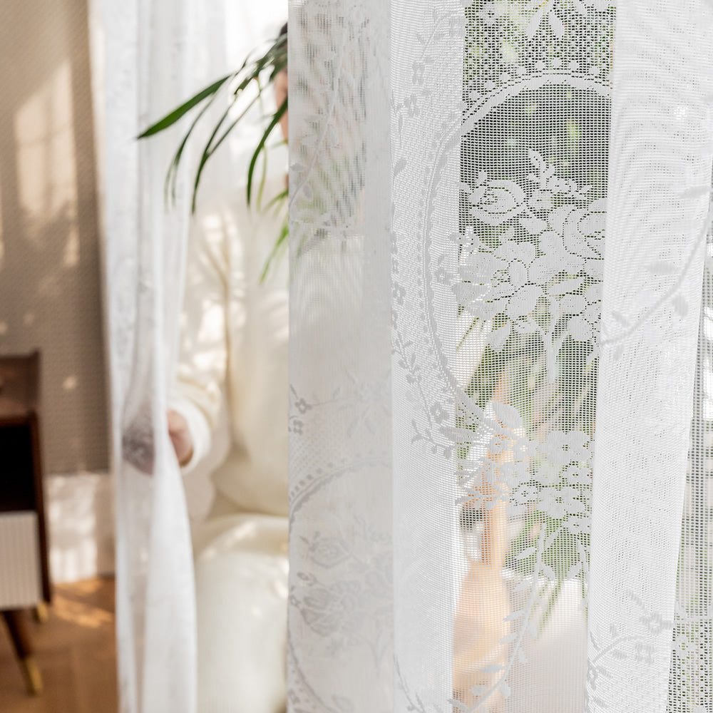 White Lace Sheer Curtains Rose Mirror Embroidery Jacquard