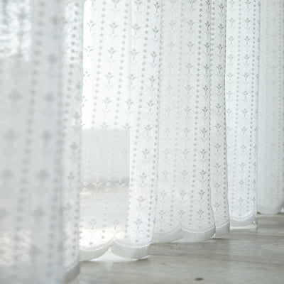 White Lace Sheer Curtains Floral jacquard Hem Waves