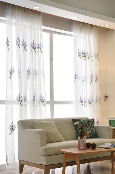 White Sheer Curtains Purple Lavender Bouquet Embroidery