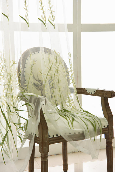 White Sheer Curtains Rice Green Plant Flower Embroidery