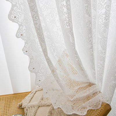 White Sheer Curtains Lace Inlaid Pearl Unique Wave Trim