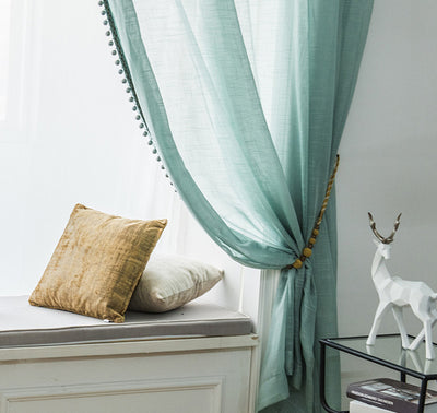 Luxury Green Sheer Curtains Pompoms Embroidery Trim