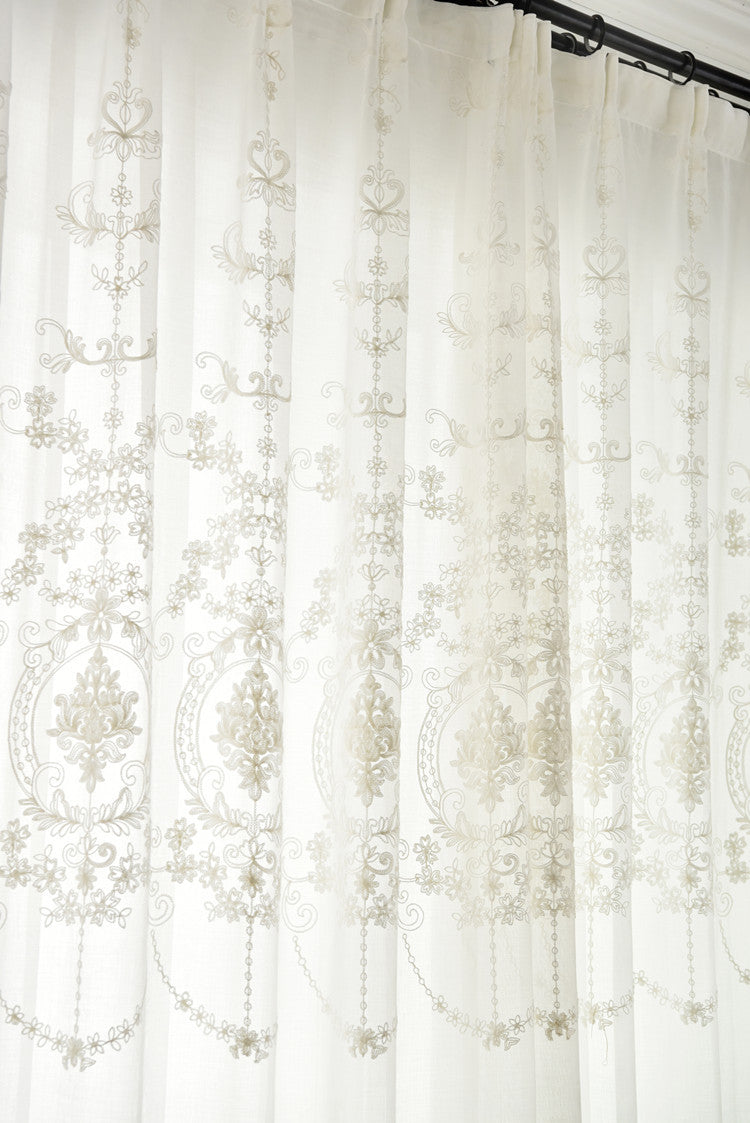 White Sheer Curtains Retro Royal Flower Embroidery