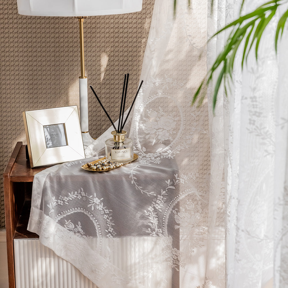 White Lace Sheer Curtains Rose Mirror Embroidery Jacquard