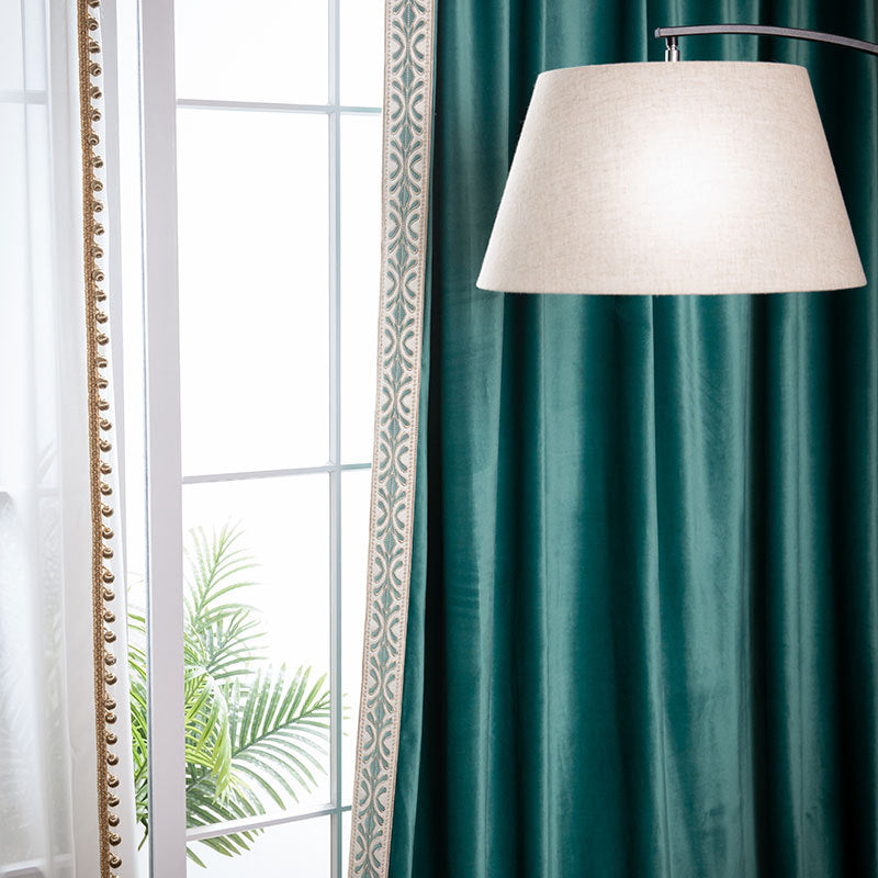 Luxury Green Velvet Blackout Curtains Embroidery Trim