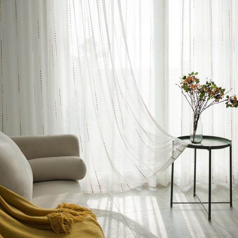 White Sheer Curtains Colorful Striped Embroidery