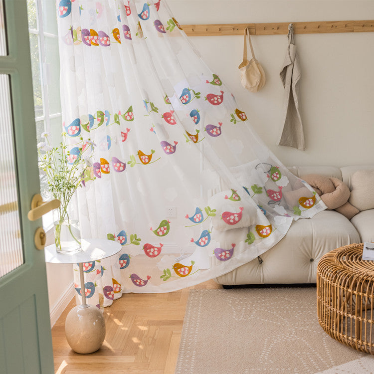 White Sheer kids Curtains Colorful Embroidered Birds