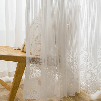 White Lace Sheer Curtains with Exquisite Vertical Rose Vine Jacquard Pattern