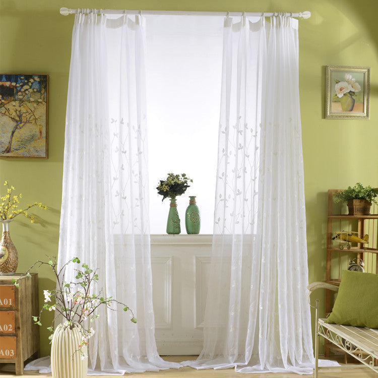 White Sheer Curtains Branch Leaf Embroidery