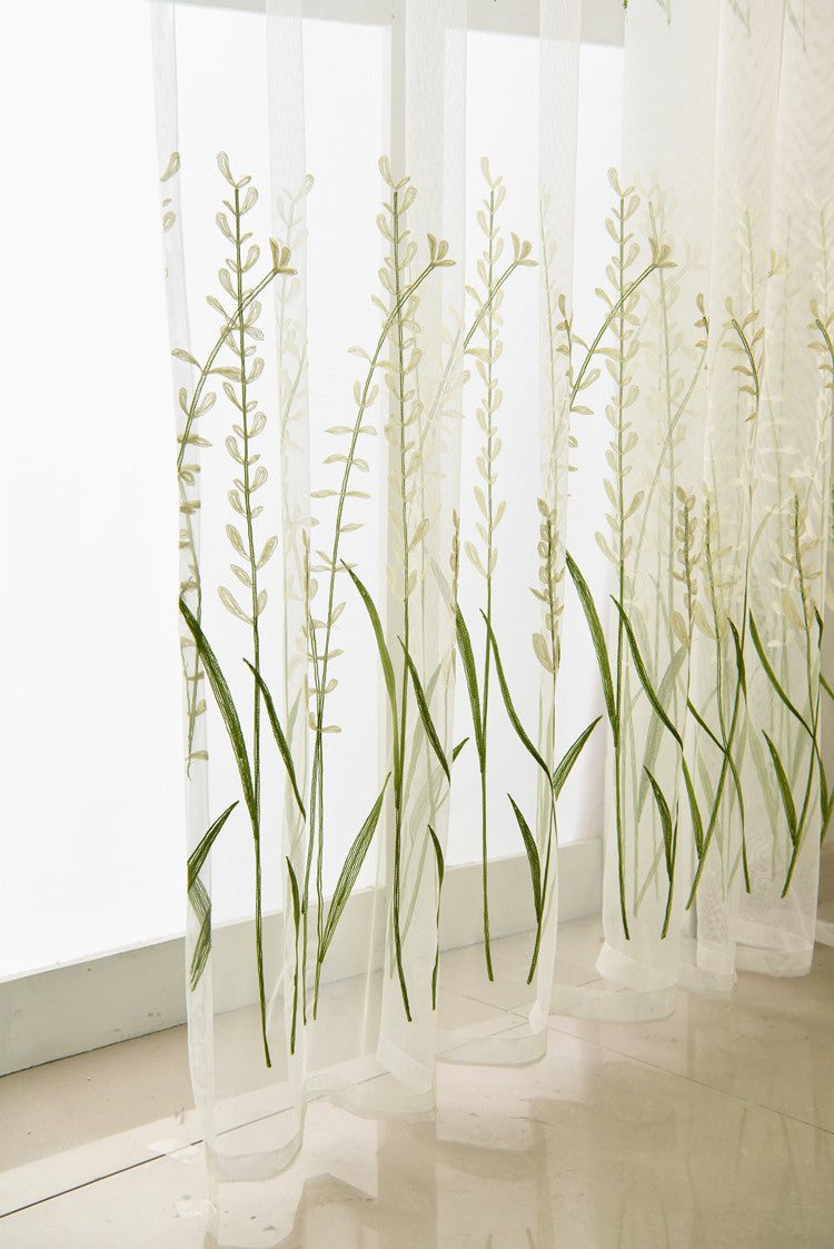 White Sheer Curtains Rice Green Plant Flower Embroidery