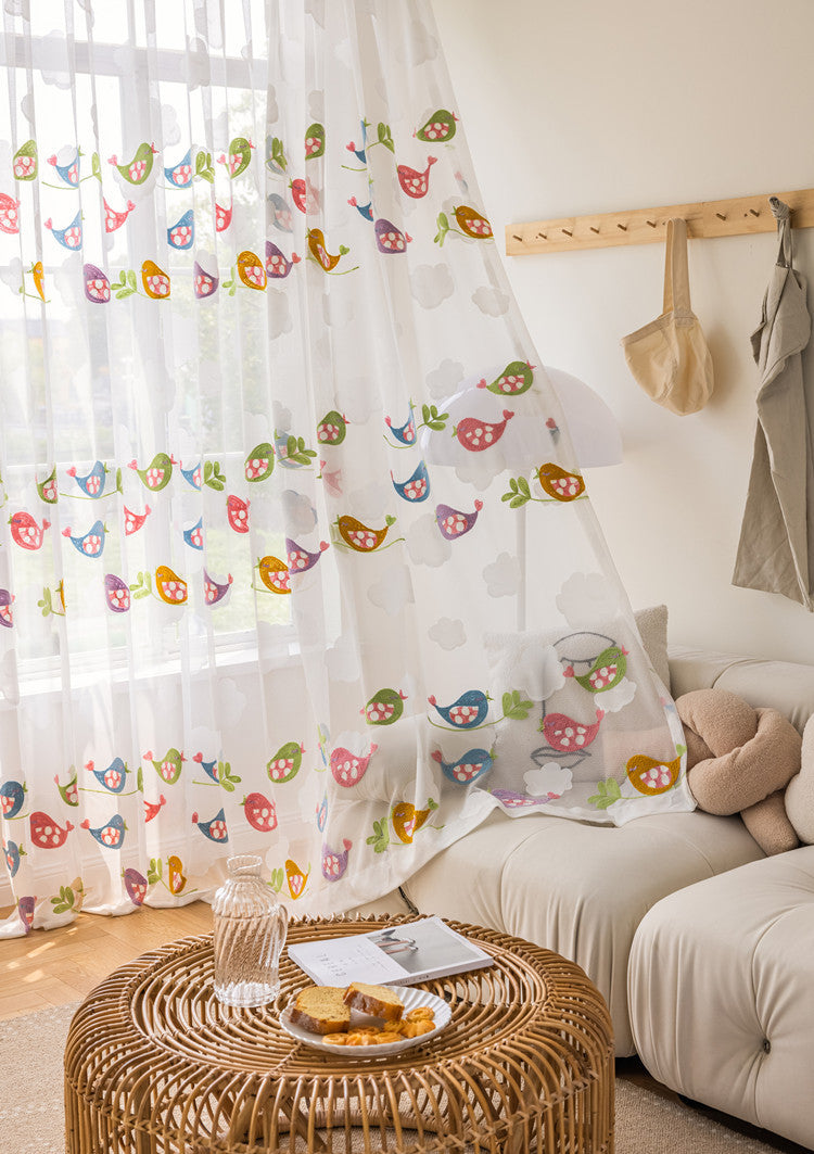 White Sheer kids Curtains Colorful Embroidered Birds