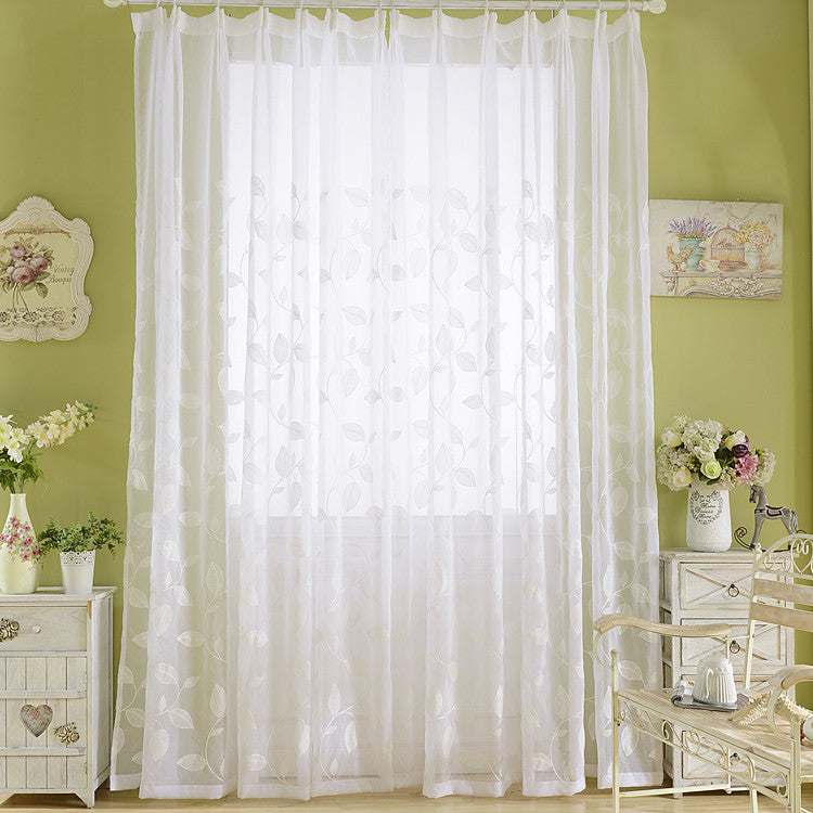 White Sheer Curtains White Leaf Vines Embroidery