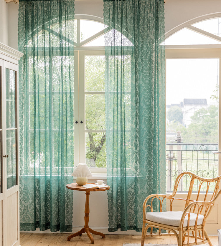 Sheer Curtains Green Lace Trim Embroidery